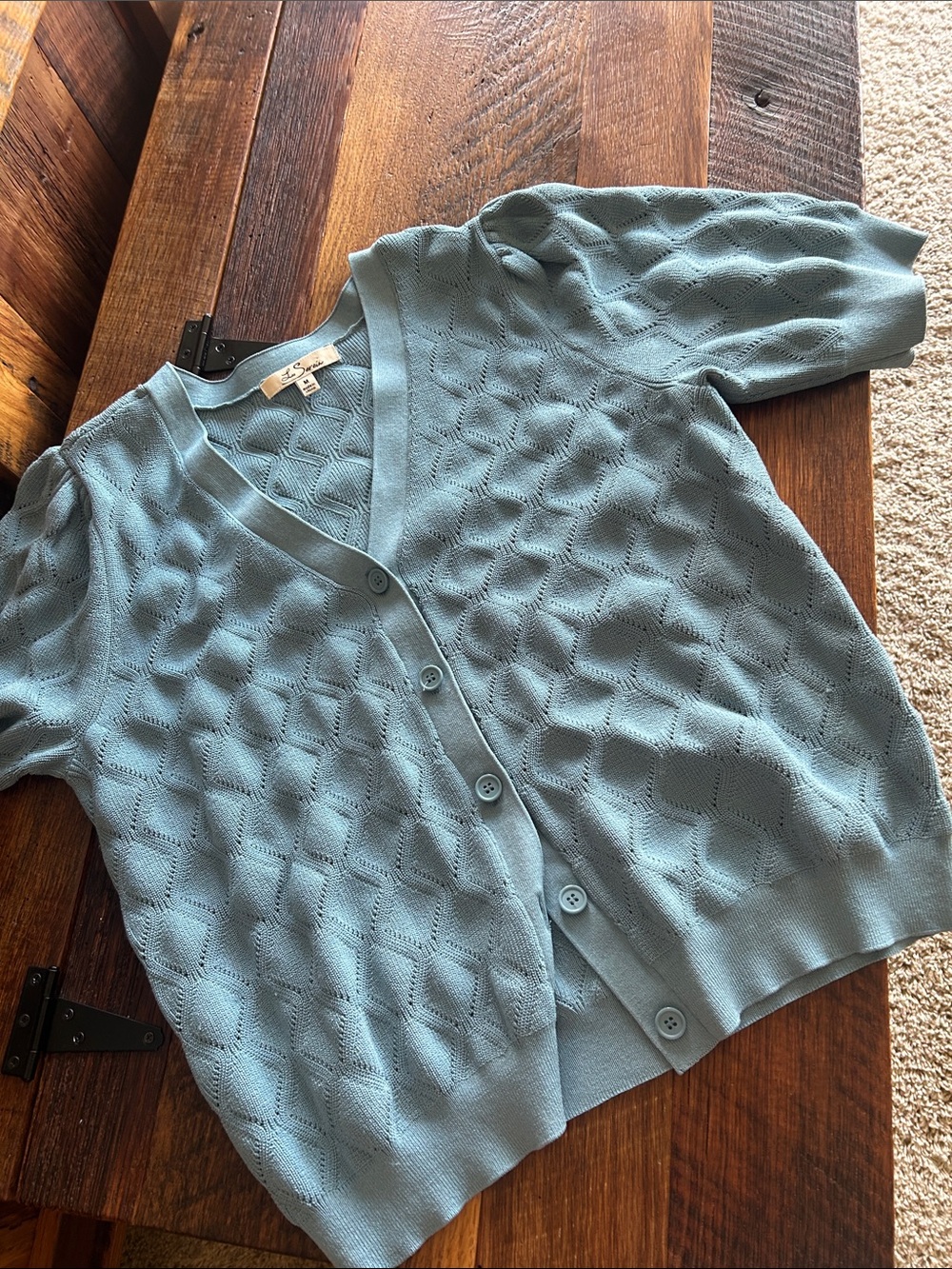Short-Sleeve Pointelle Button Cardigan in Dusty Blue